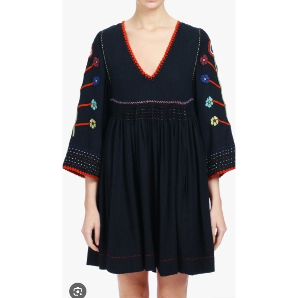 Ulla Johnson Masha Floral Embroidered Silk Pleated Tunic Dress Midnight Size 2